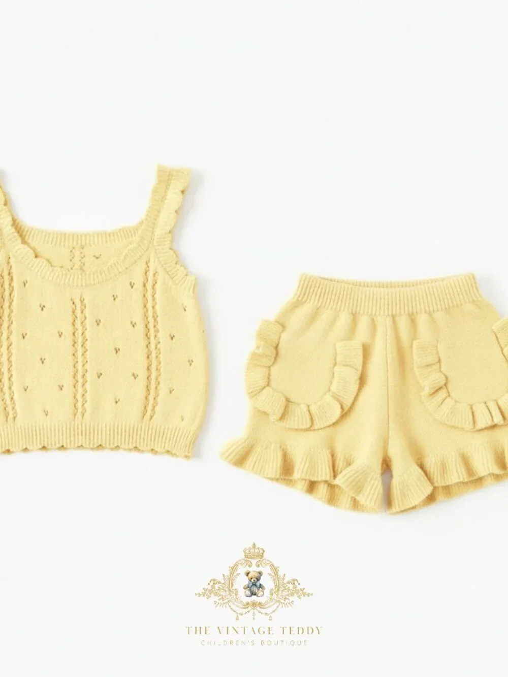 NWT Lovely Girls Knitted Two-piece Top & Shorts Kids Matching Set Yellow 3-4T